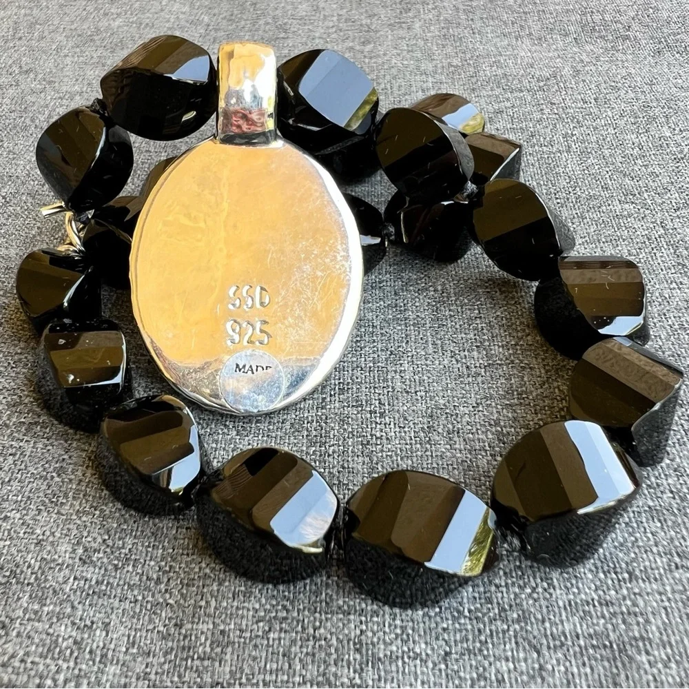 Black Beaded Necklace with Silver-Tone Pendant